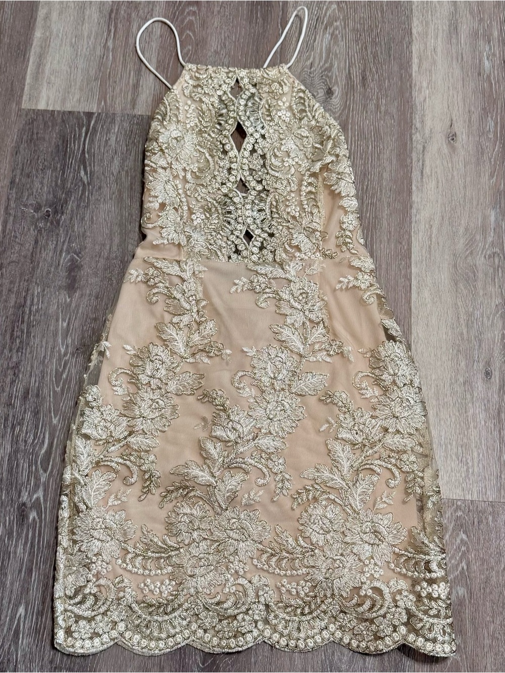 Gold Embellished Halter Mini Dress in Champagne - Size Small